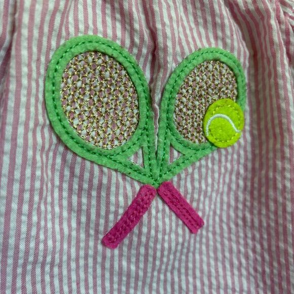 Mud Pie Pink & White Striped Seersucker Ruffle Romper w/ Tennis Racquets & Ball - Picture 7 of 11